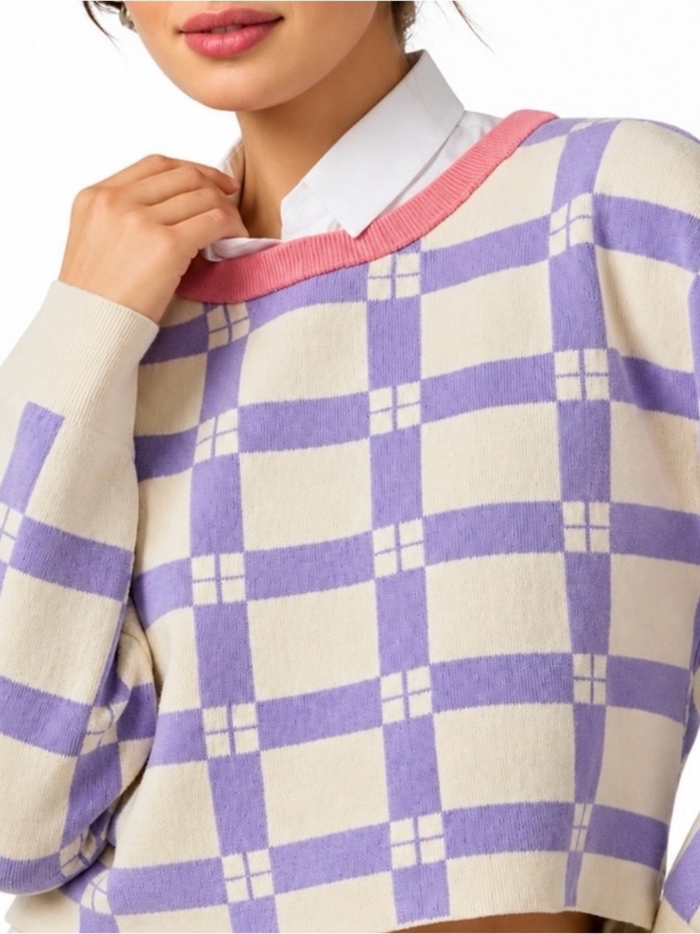 Anthropologie Daily Practice Plaid Cropped Sweater Purple Pink Cream M